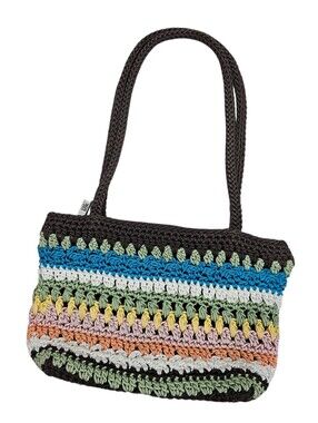 The SAK Multicolor Crochet Shoulder Bag Striped Zippered Boho Brown Green Small